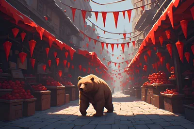 Brown Bear Walking Through A Festive Red Market