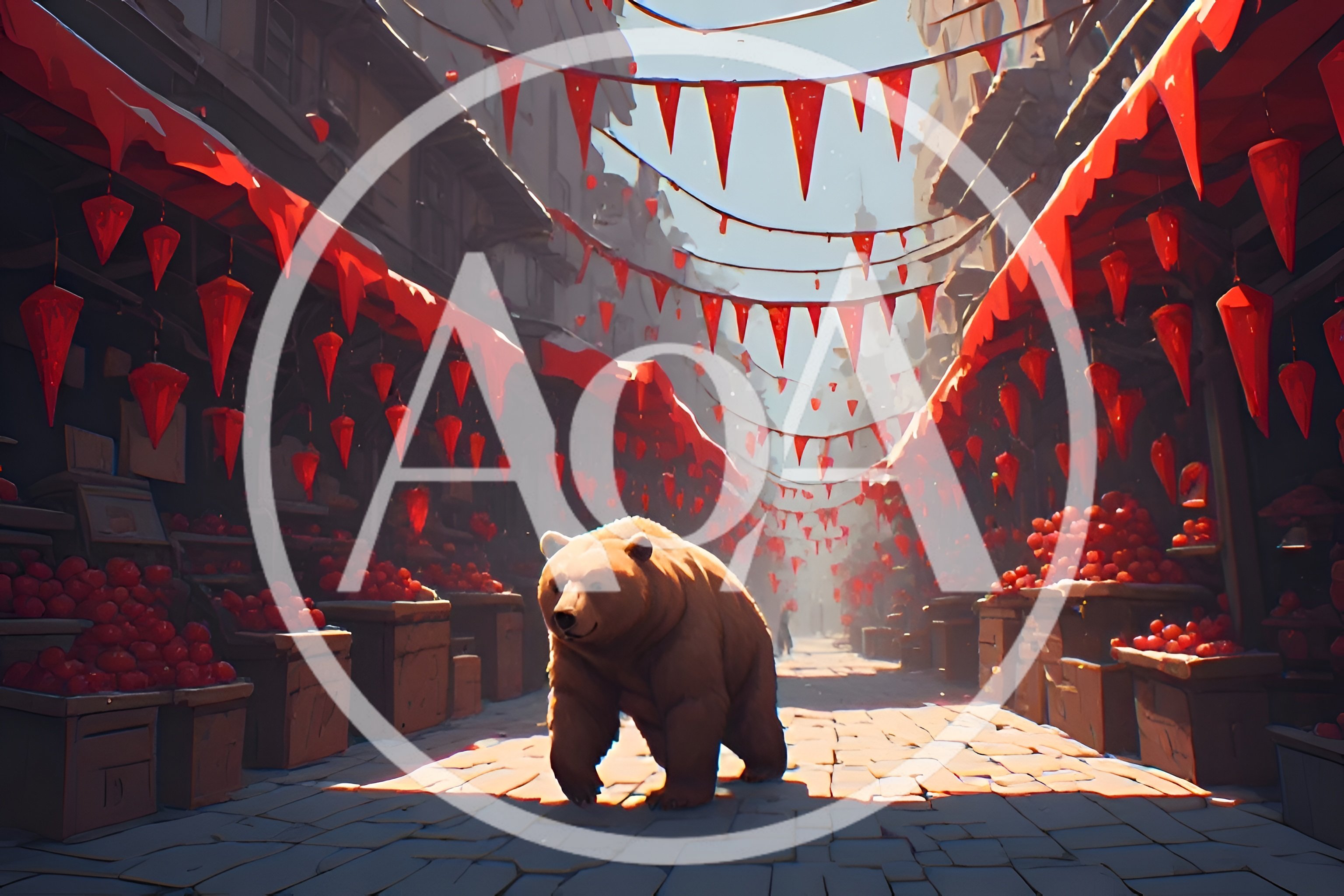 Brown Bear Walking Through A Festive Red Market