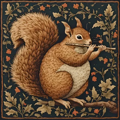 Squirrel Playing A Wooden Flute In Botanical Frame