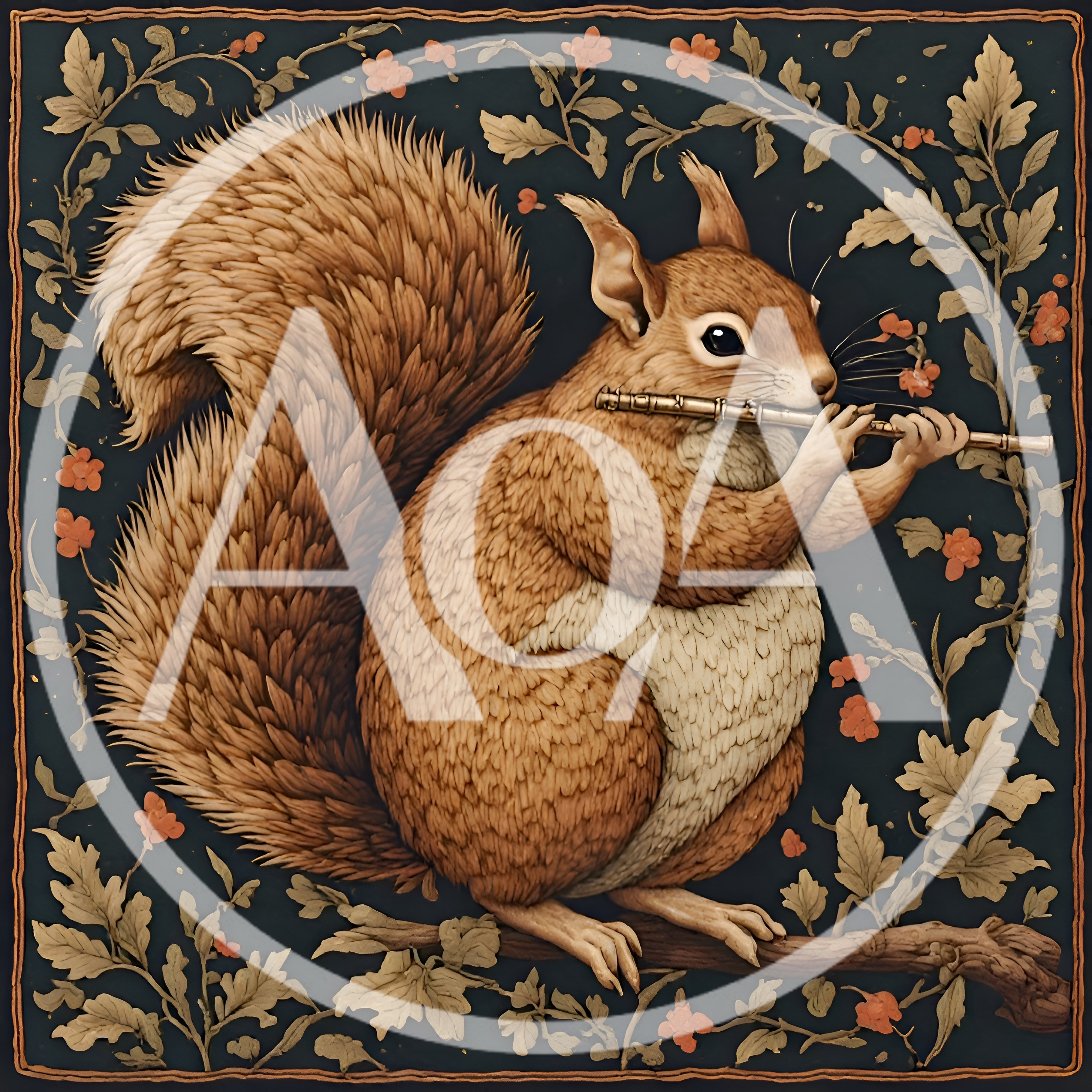 Squirrel Playing A Wooden Flute In Botanical Frame