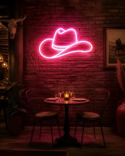 Romantic Table Setting Under Cowboy Hat Neon Sign