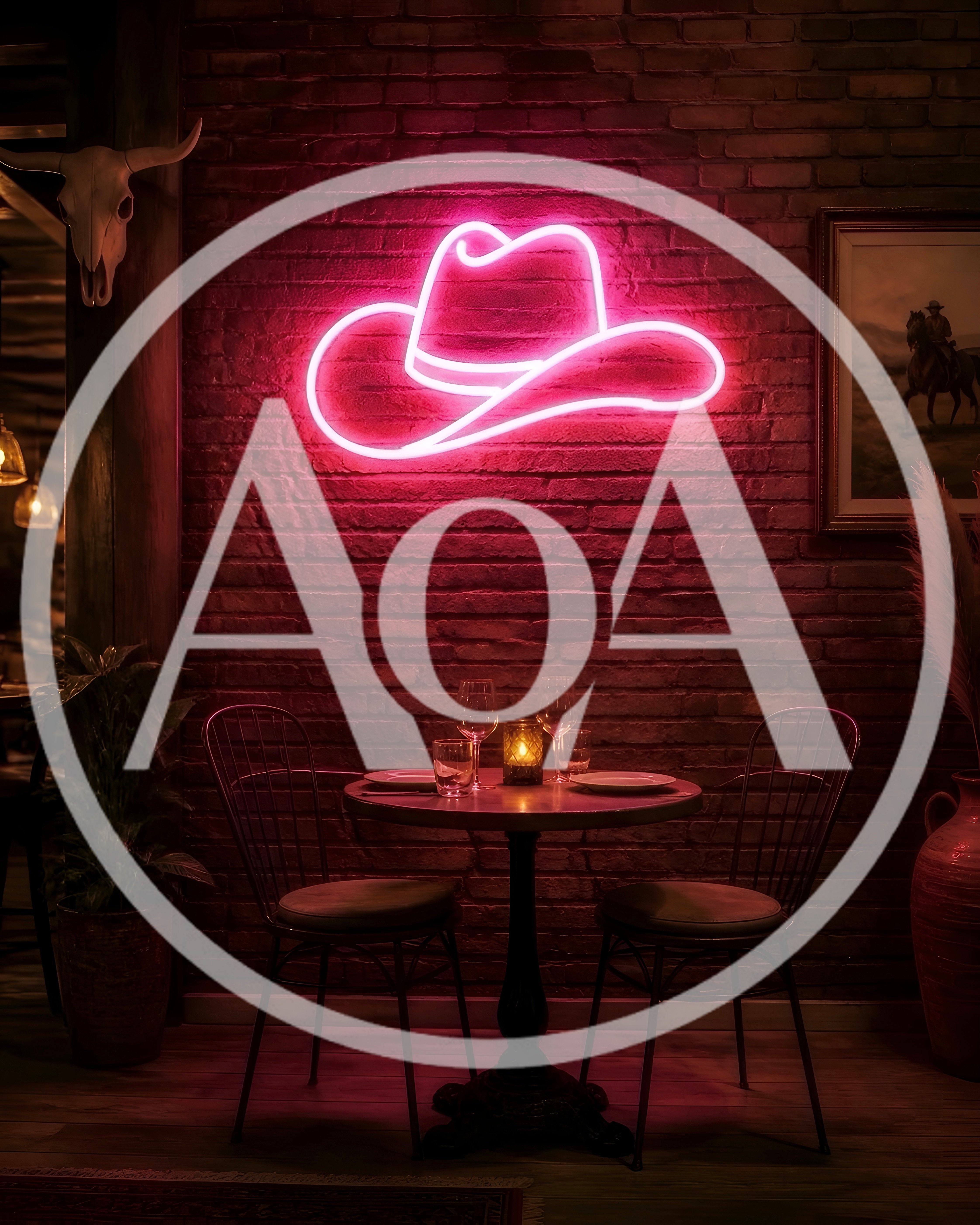 Romantic Table Setting Under Cowboy Hat Neon Sign