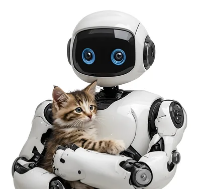 White Robot Holding A Cute Tabby Kitten