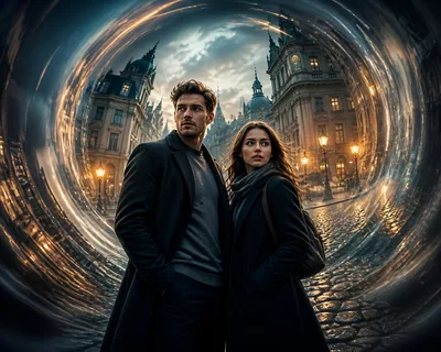 Young Couple Standing Inside A Surreal City Portal