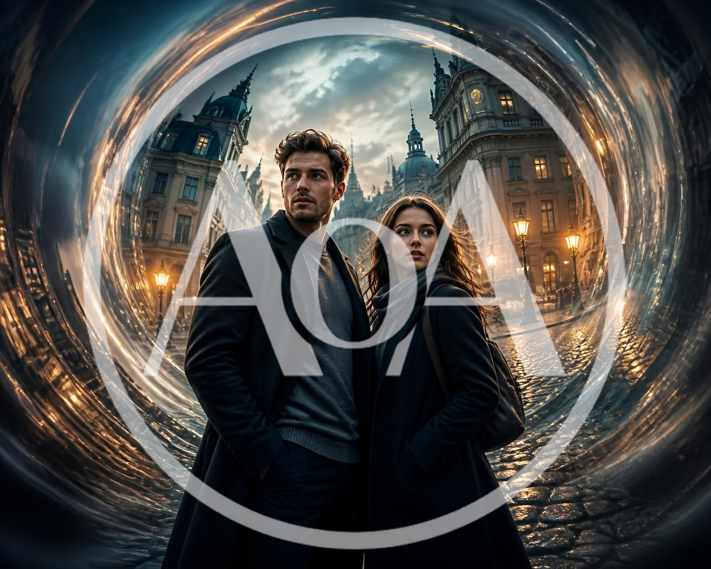Young Couple Standing Inside A Surreal City Portal