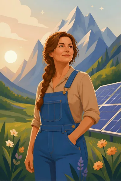Woman Standing In A Sunny Mountain Meadow With Solar Panels