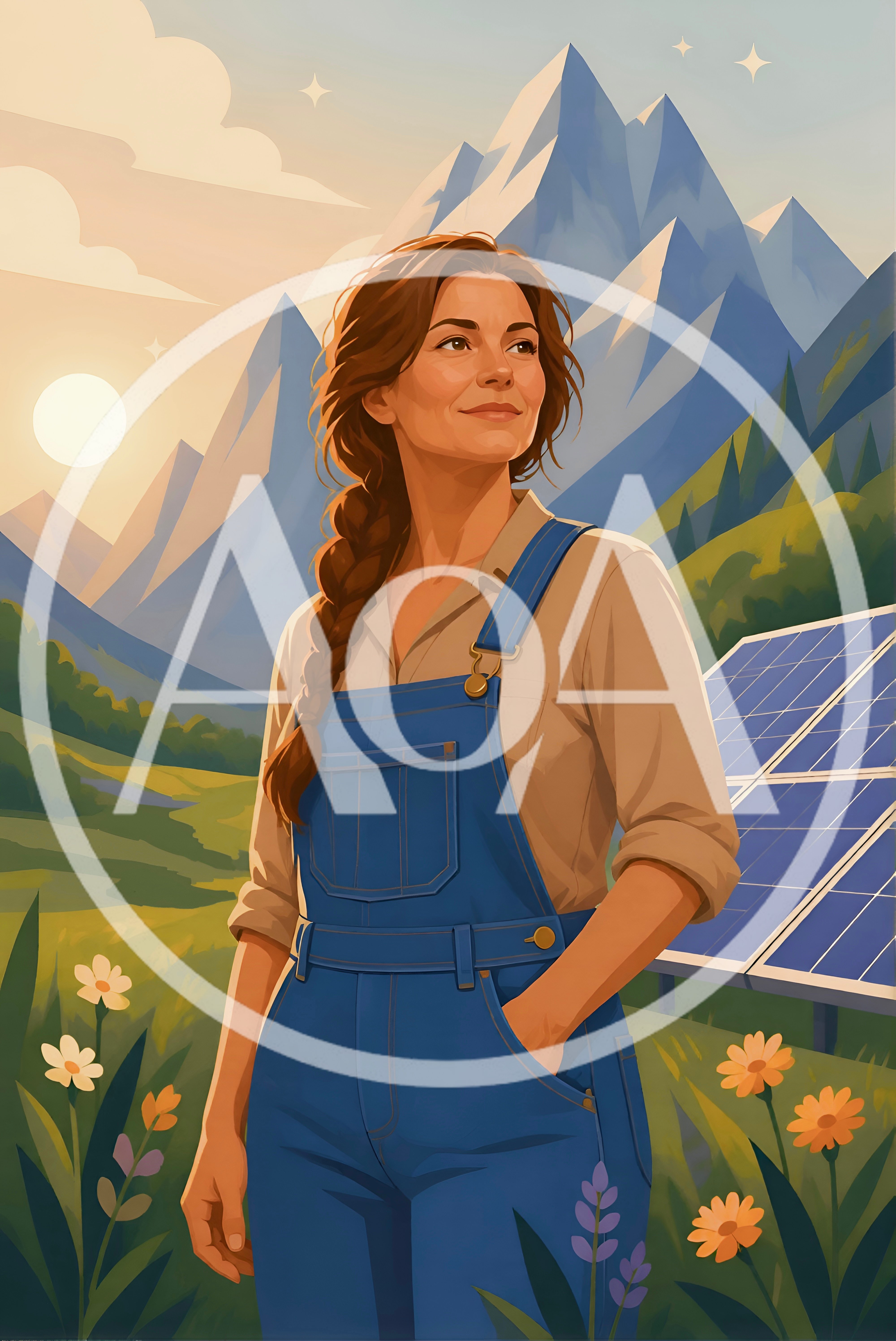 Woman Standing In A Sunny Mountain Meadow With Solar Panels