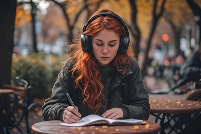 Young Woman Writing In Notebook Outdoors With Headphones