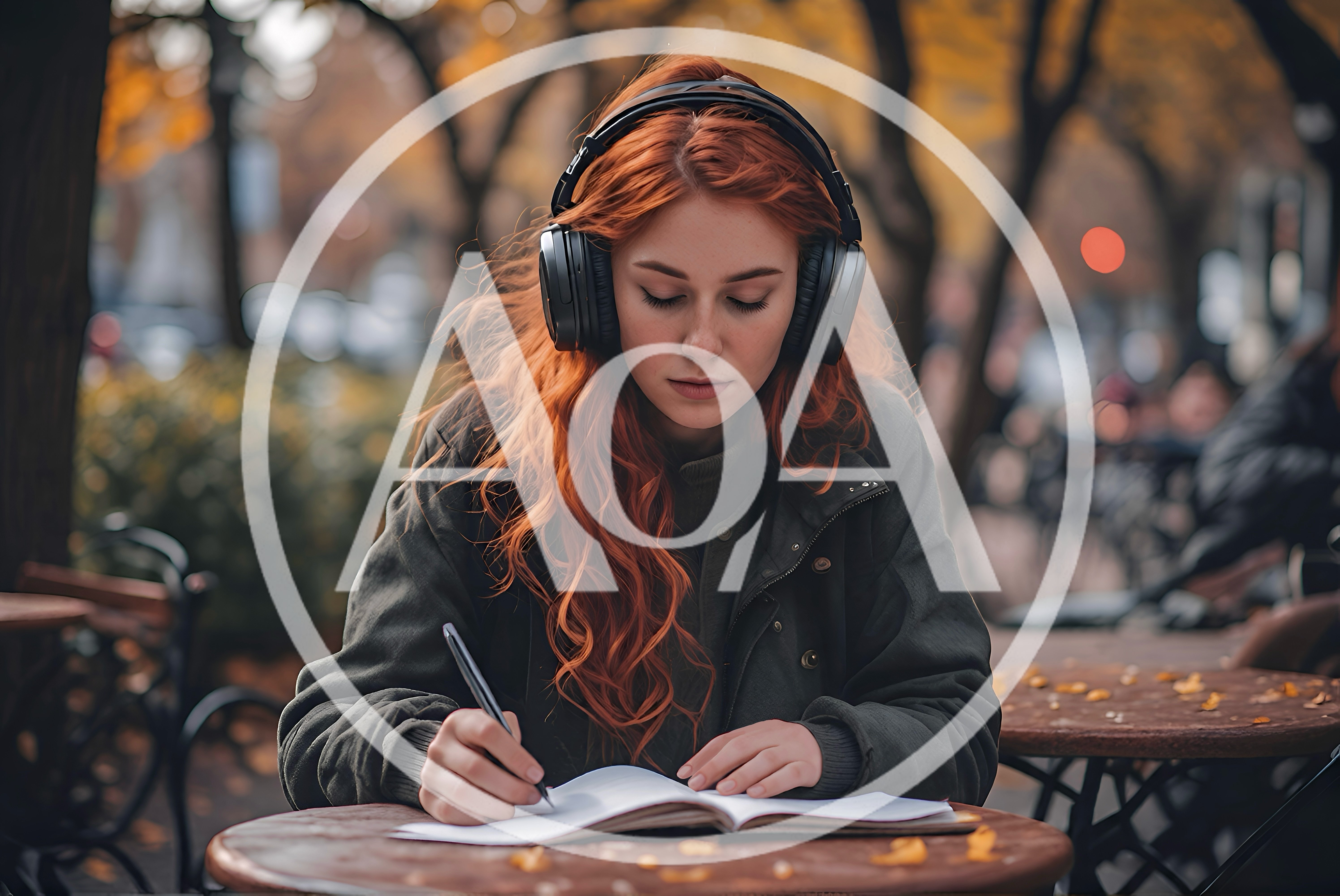 Young Woman Writing In Notebook Outdoors With Headphones