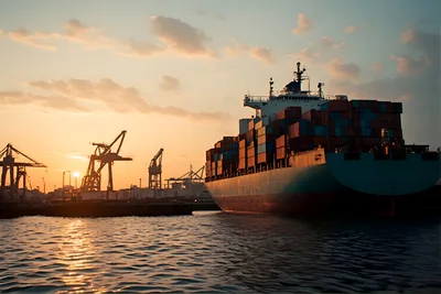 Container Ship Docked at Port During Golden Hour