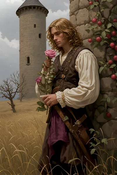 Medieval Man Holding A Rose By A Stone Tower
