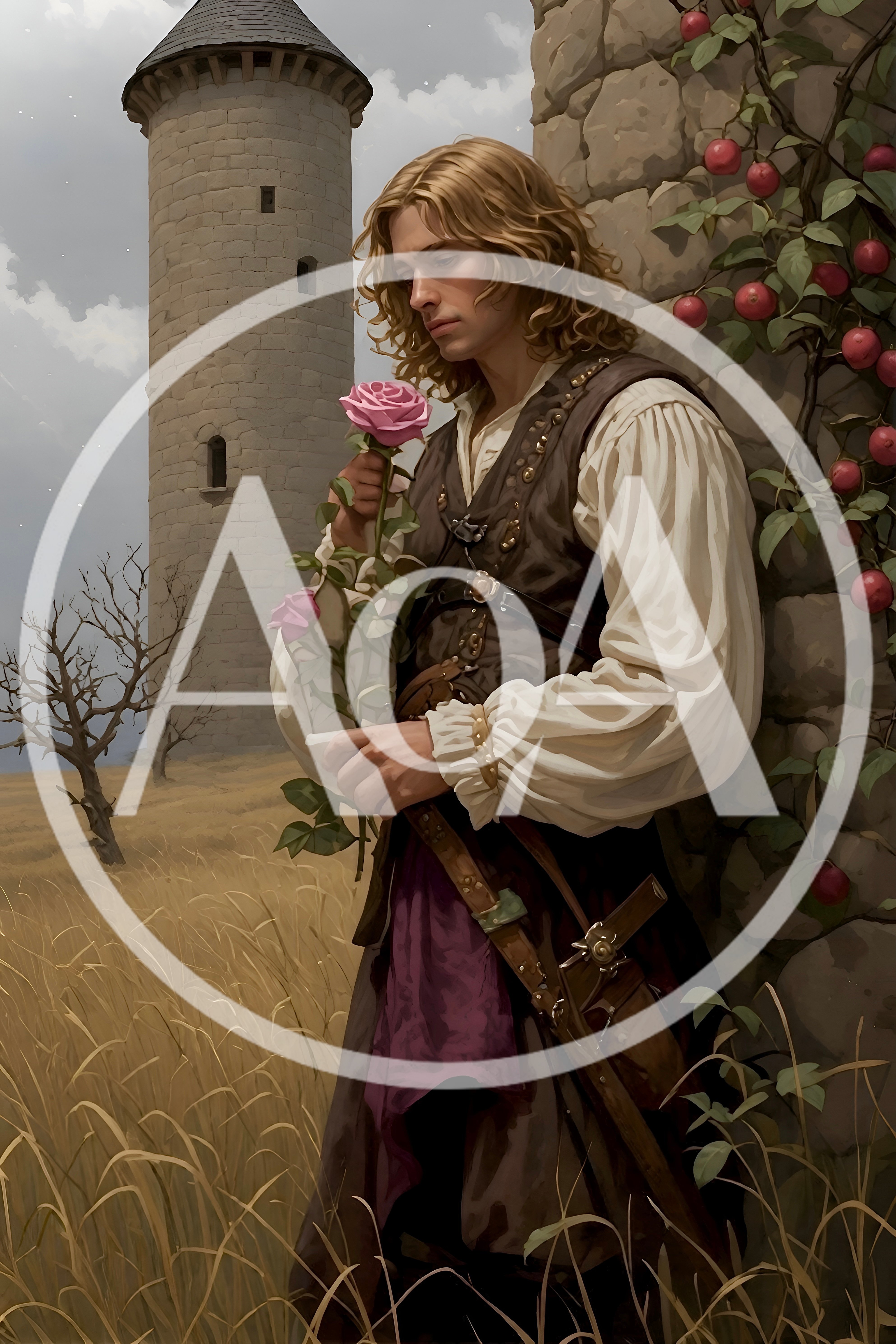 Medieval Man Holding A Rose By A Stone Tower