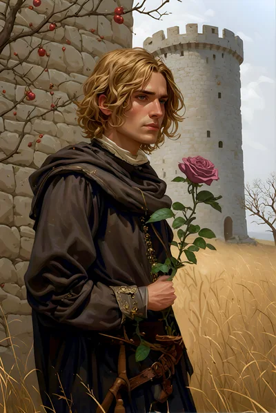Young Medieval Man Holding A Rose Near Stone Tower