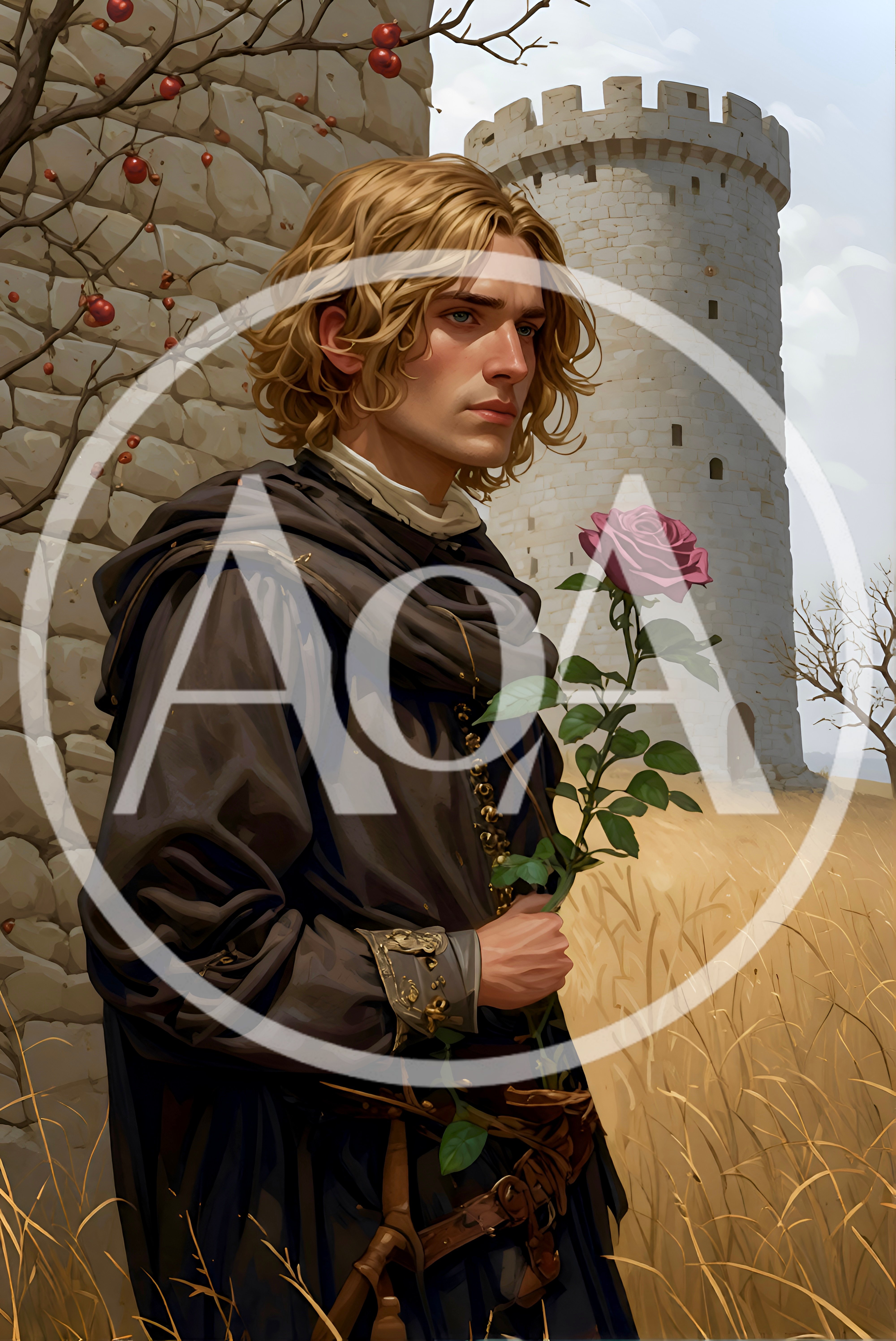 Young Medieval Man Holding A Rose Near Stone Tower