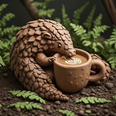 Clay Pangolin Drinking Latte In A Forest Setting
