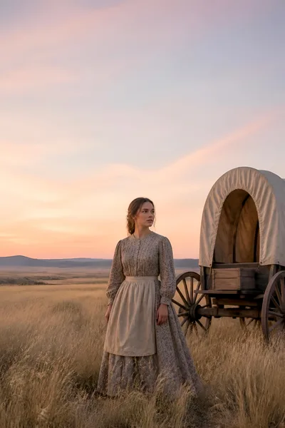 Pioneer Woman Standing Beside Covered Wagon In Prairie