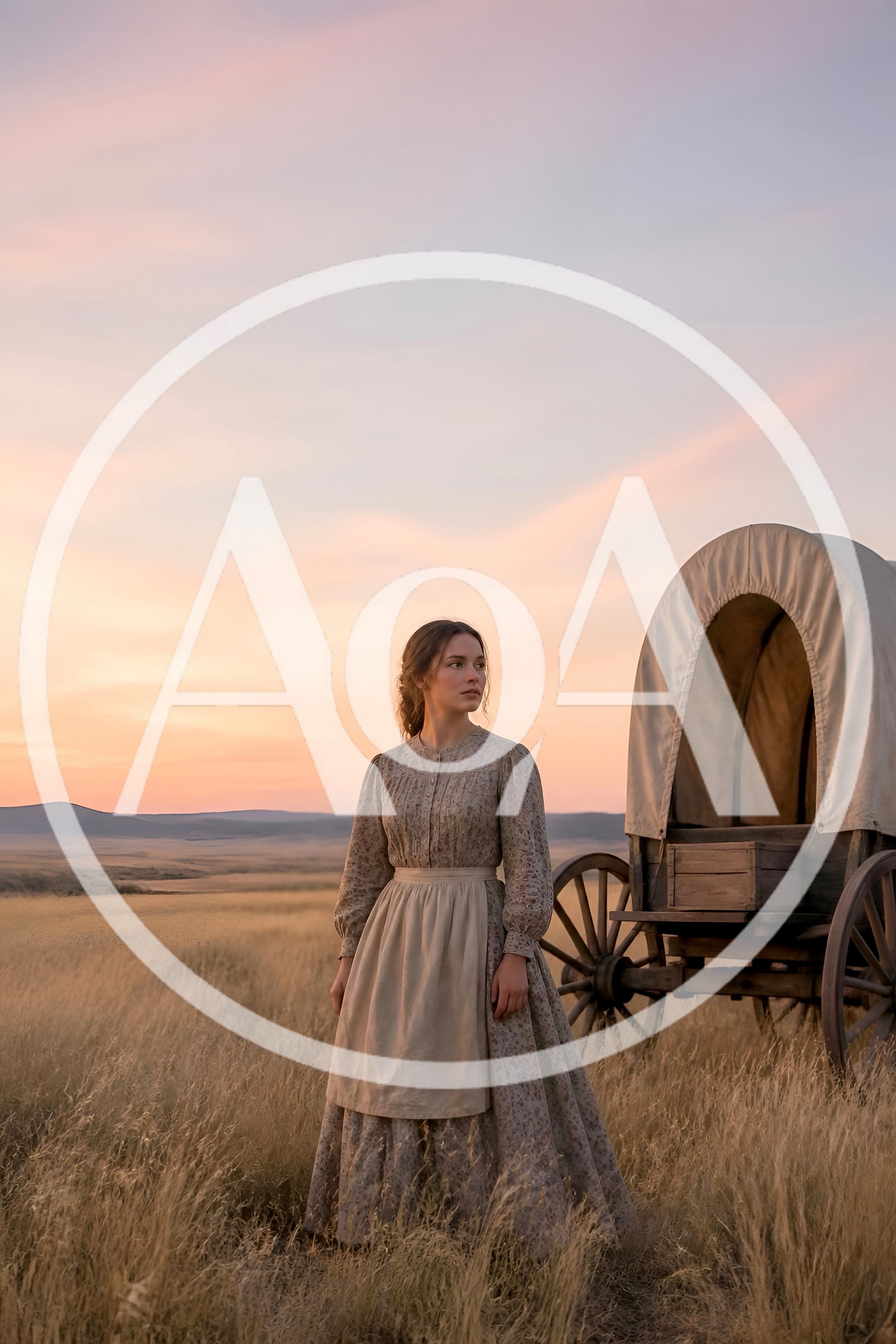 Pioneer Woman Standing Beside Covered Wagon In Prairie