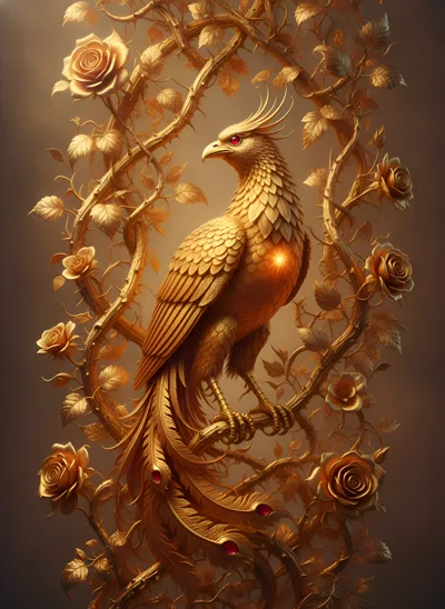 Golden Phoenix Perched Amidst Ornate Rose Vines