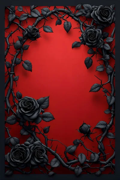 Black Rose Vines Frame On Red Background