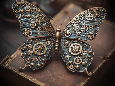 Steampunk Mechanical Butterfly Resting On An Antique Book