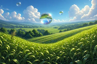 Floating Water Spheres Over A Lush Green Field