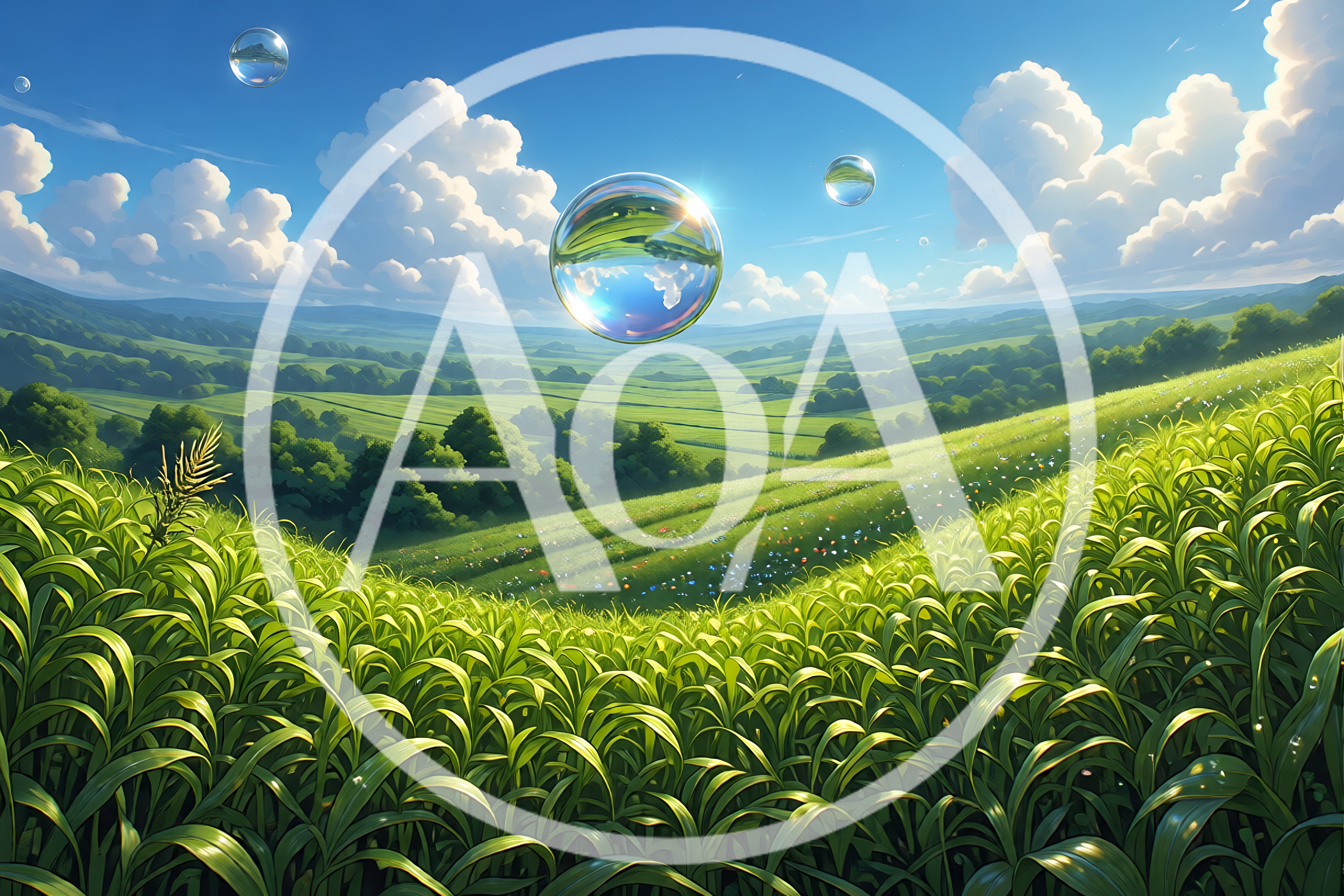 Floating Water Spheres Over A Lush Green Field