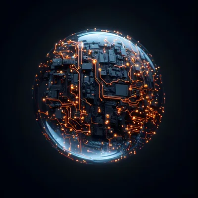 Futuristic Digital Circuitry Sphere With Glowing Orange Data Lines
