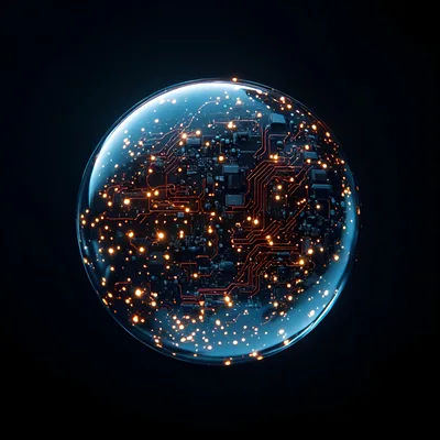 Digital Circuitry Encapsulated Within A Glowing Glass Sphere