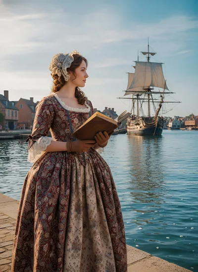 Colonial Woman Reading Book By Historic Harbor