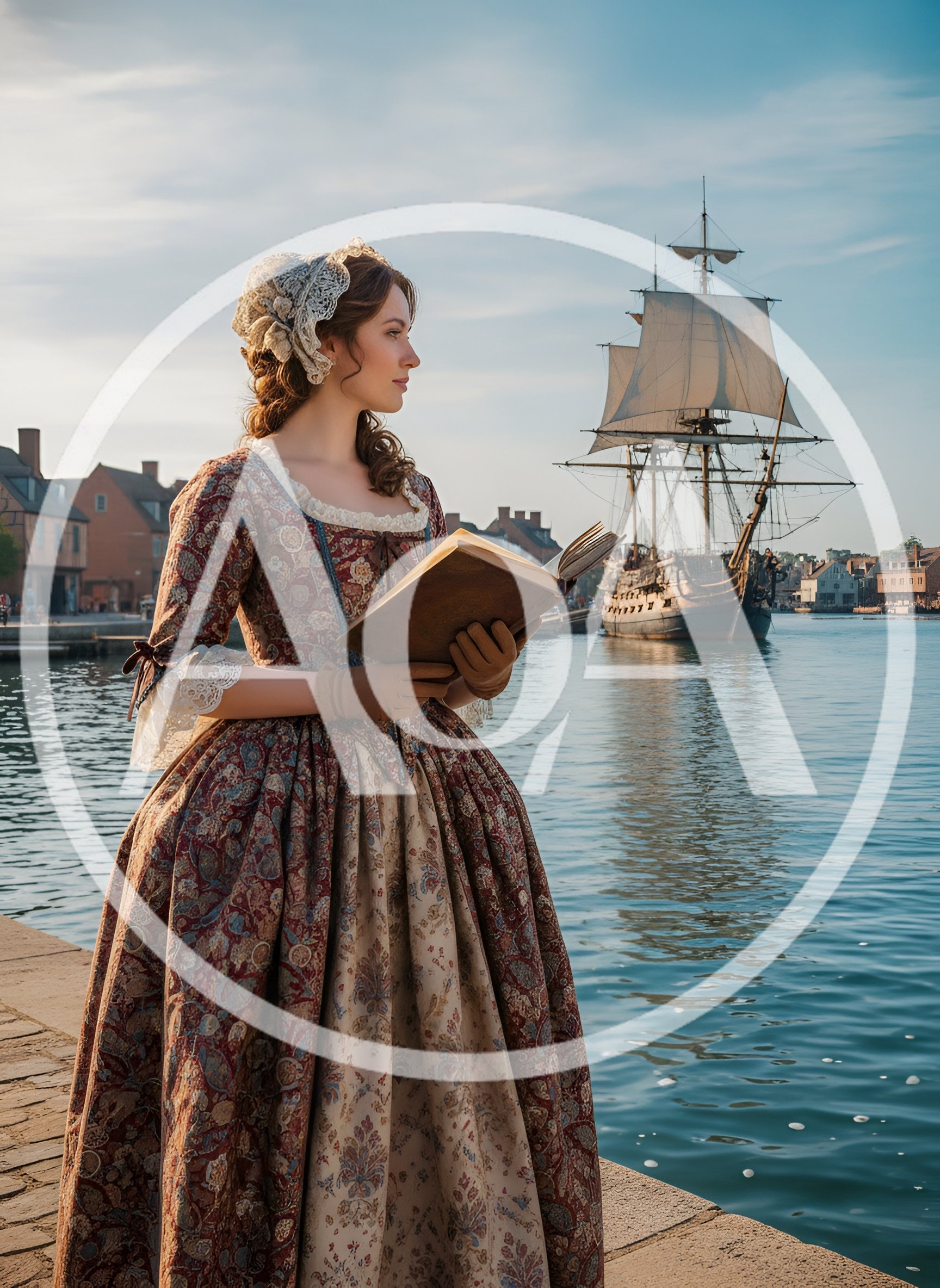 Colonial Woman Reading Book By Historic Harbor