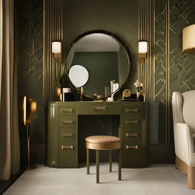 Luxury Art Deco Vanity Table In Green And Gold