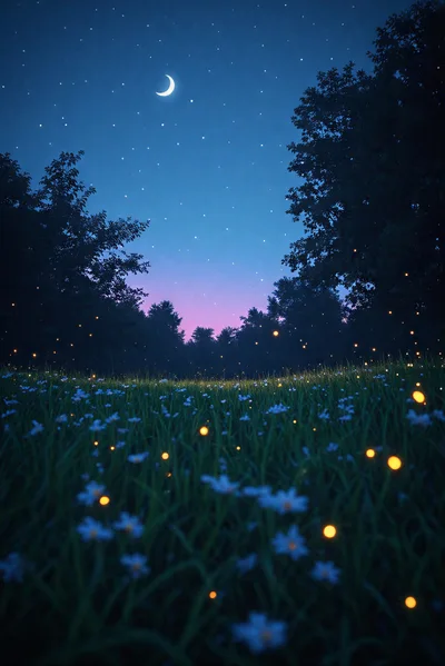 Fireflies Glowing Over A Meadow At Night