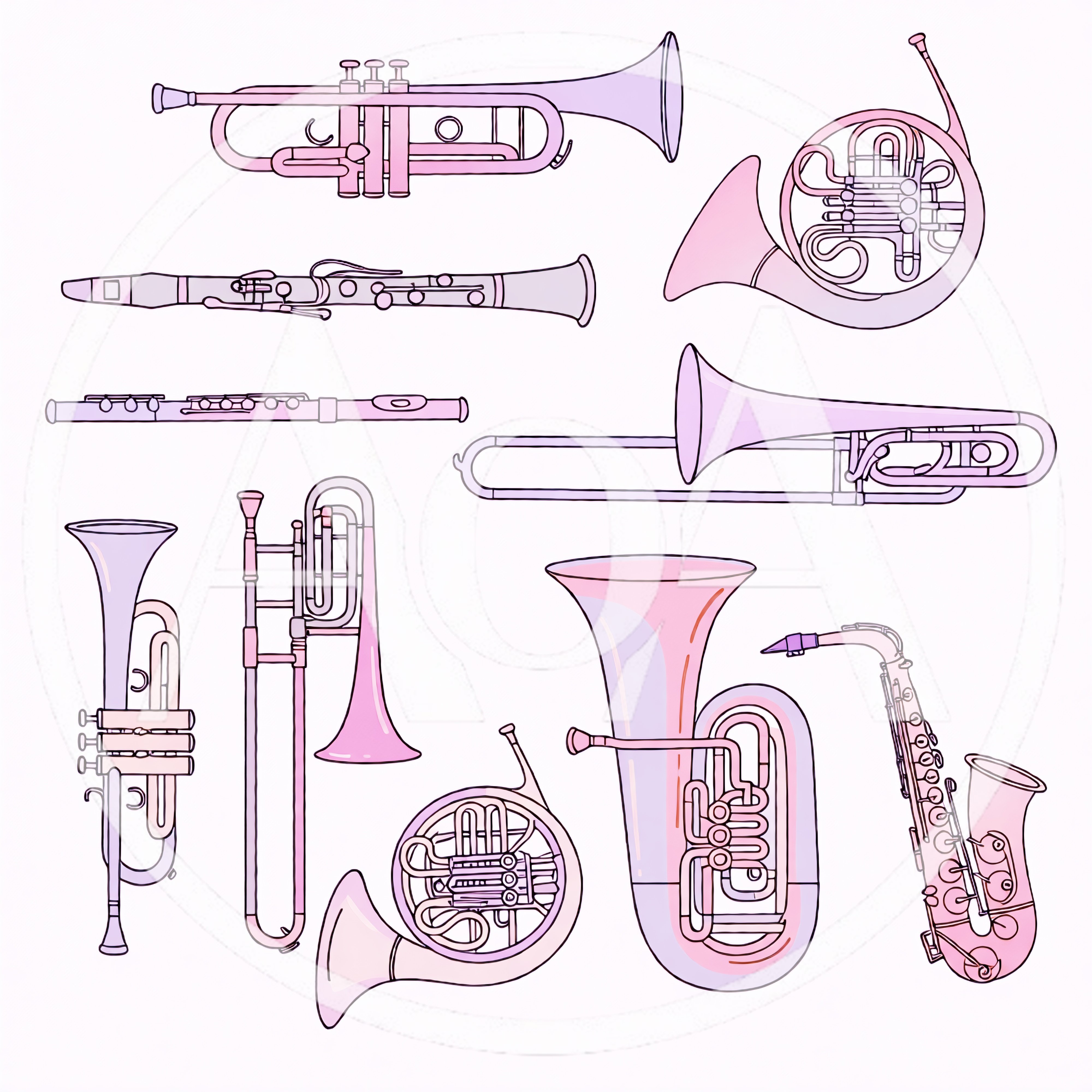 Collection of Hand Drawn Pink Musical Instruments