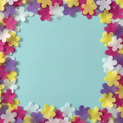Colorful Paper Flower Confetti Border on Blue Background