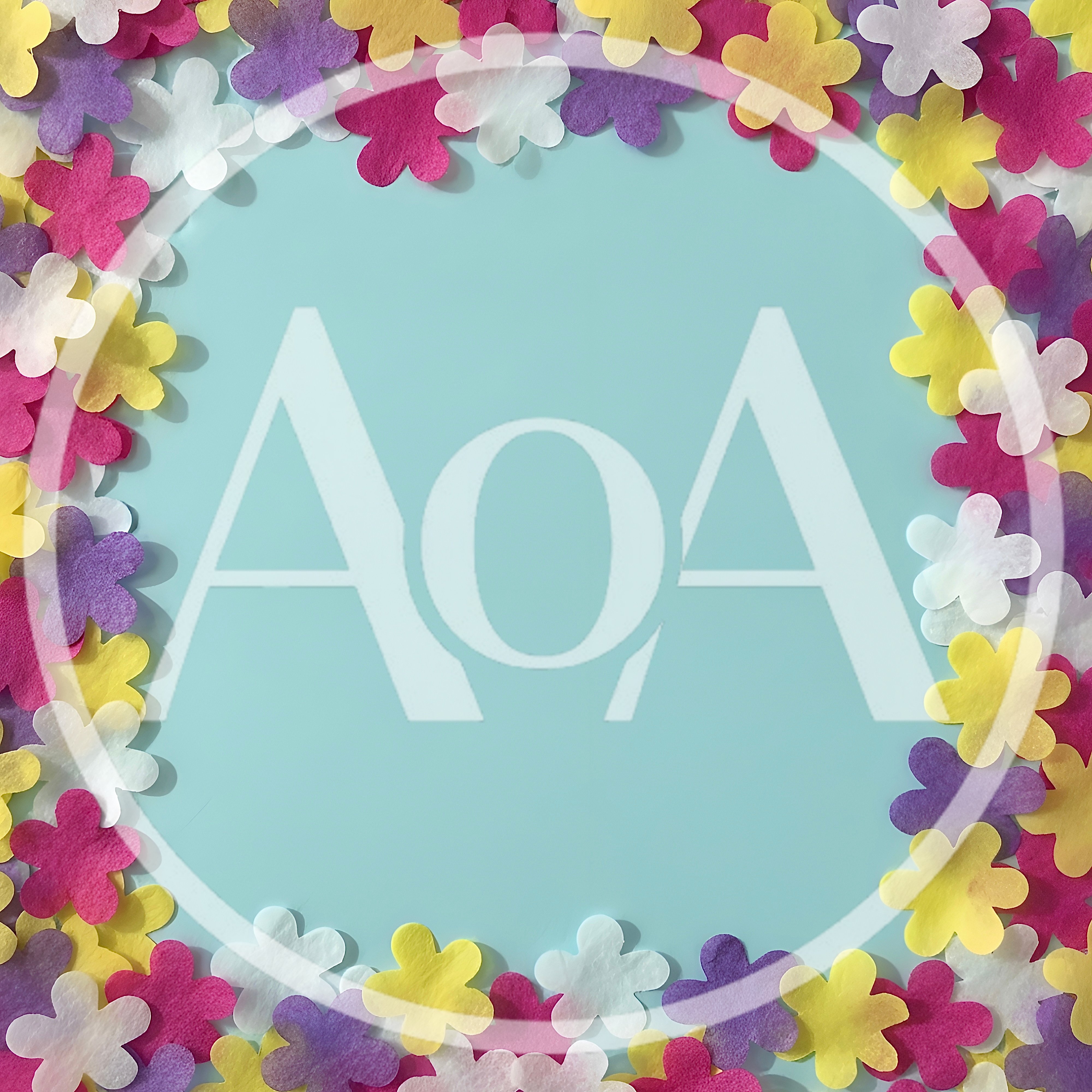 Colorful Paper Flower Confetti Border on Blue Background