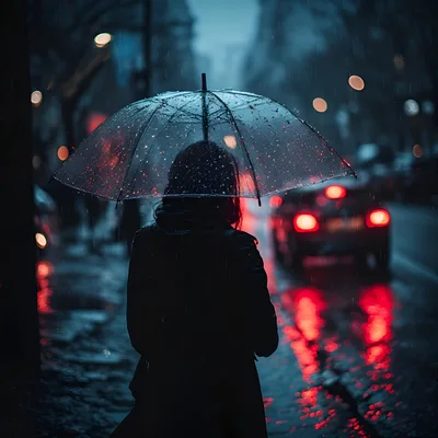 Person Standing Under Clear Umbrella In Rainy City Street