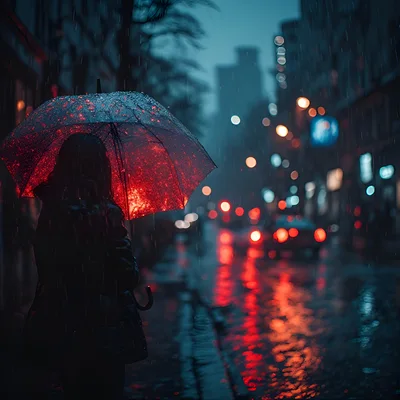 Person Standing Under Red Umbrella In Rainy City