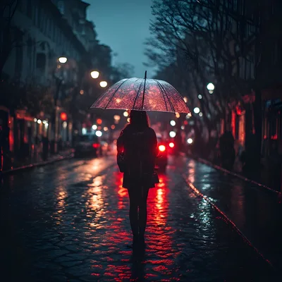 Woman Walking With Umbrella On Rainy City Street