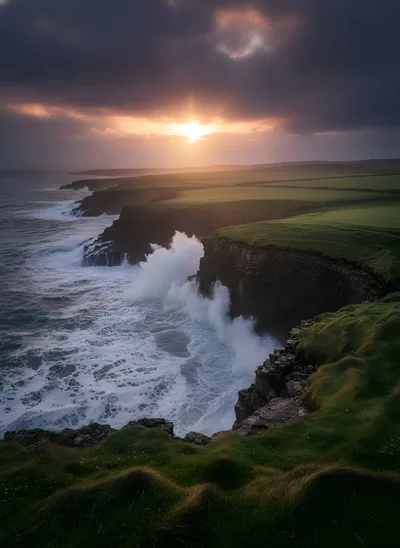 Dramatic Sunset Over Rugged Irish Coastal Cliffs