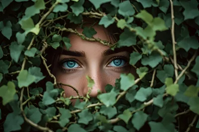 Close Up Of Woman Peering Through Ivy Leaves