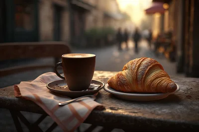 Morning Coffee And Croissant On A Parisian Street Cafe