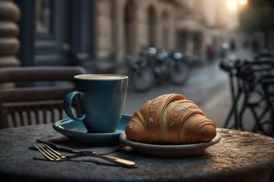 Morning Coffee And Croissant At An Outdoor Cafe