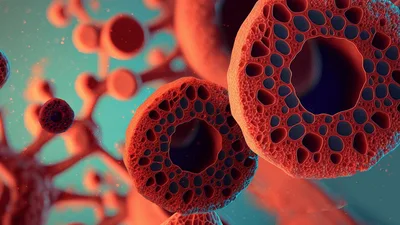 Microscopic View of Red Cellular Structures Floating