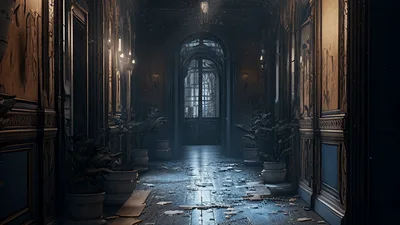 Sunlight Beams Illuminating an Abandoned Ornate Hallway