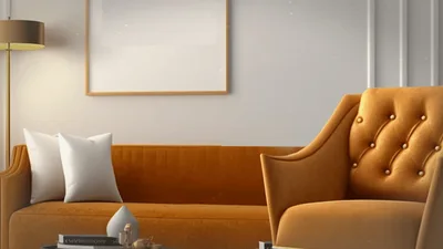 Modern Living Room Interior With Orange Velvet Furniture