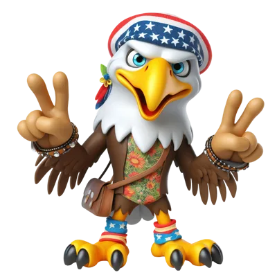 3D Cartoon Bald Eagle Character Giving Peace Signs