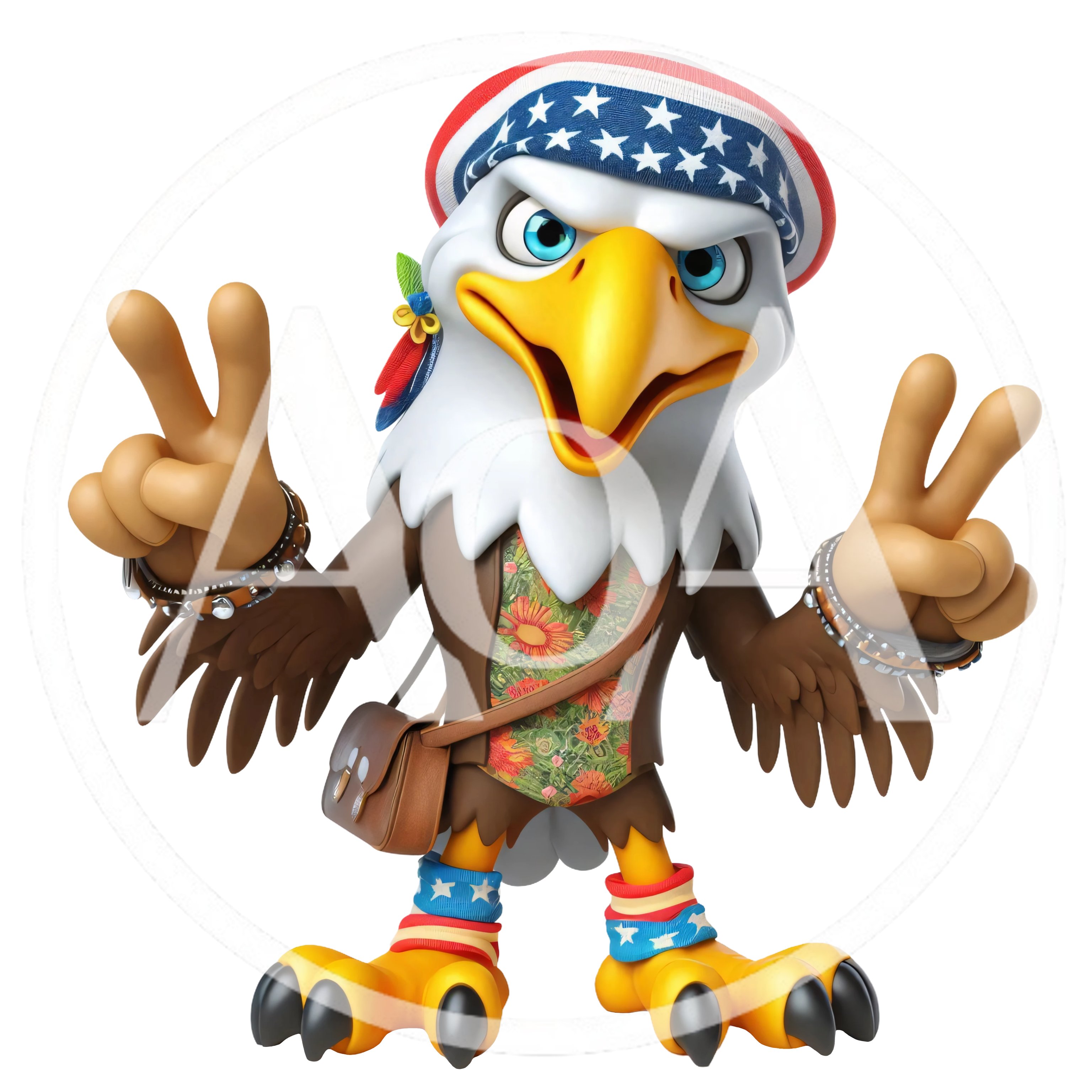 3D Cartoon Bald Eagle Character Giving Peace Signs