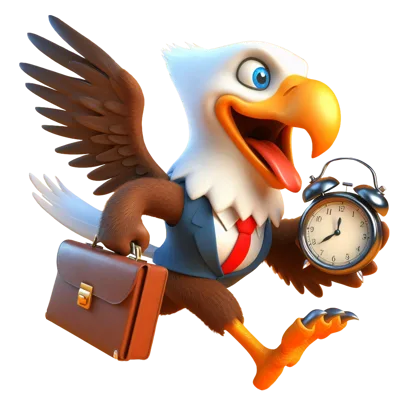 Cartoon Bald Eagle Businessman Running With Briefcase And Clock