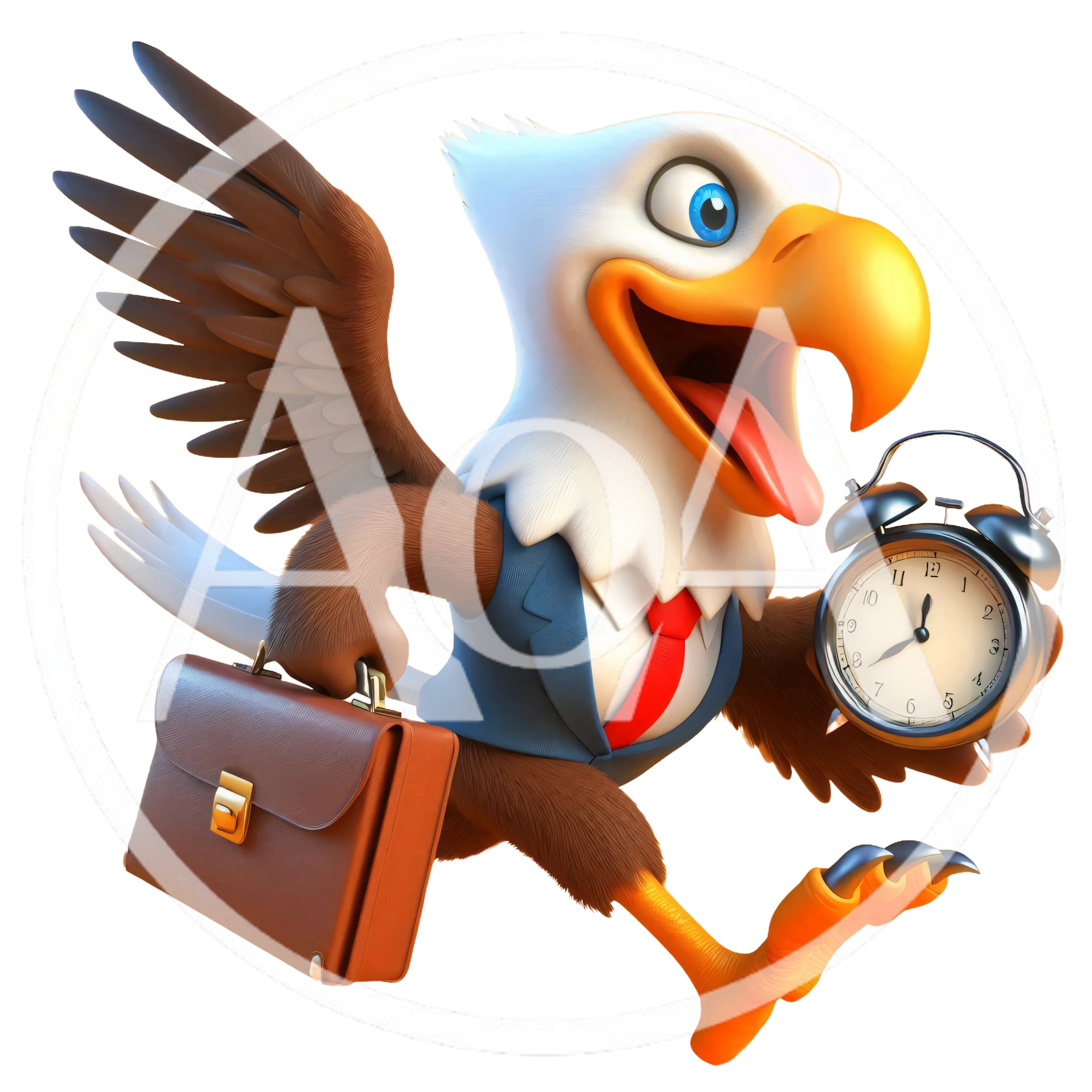 Cartoon Bald Eagle Businessman Running With Briefcase And Clock