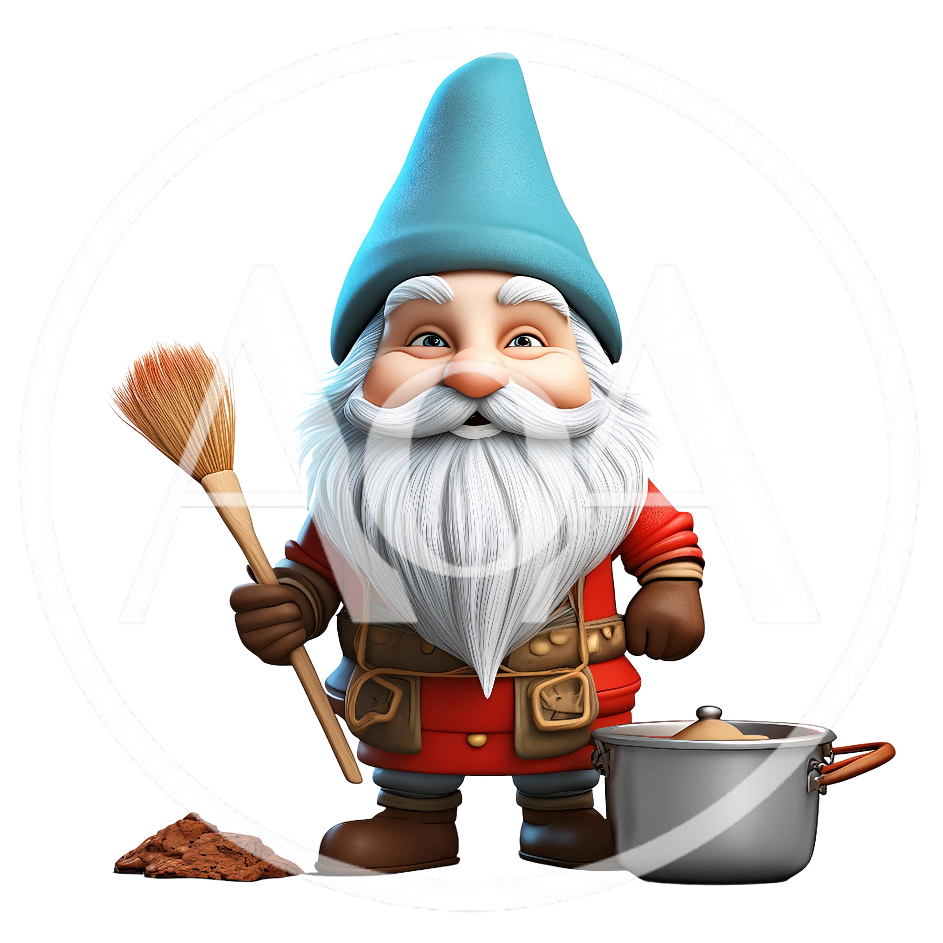 3D Rendered Garden Gnome Holding A Broom